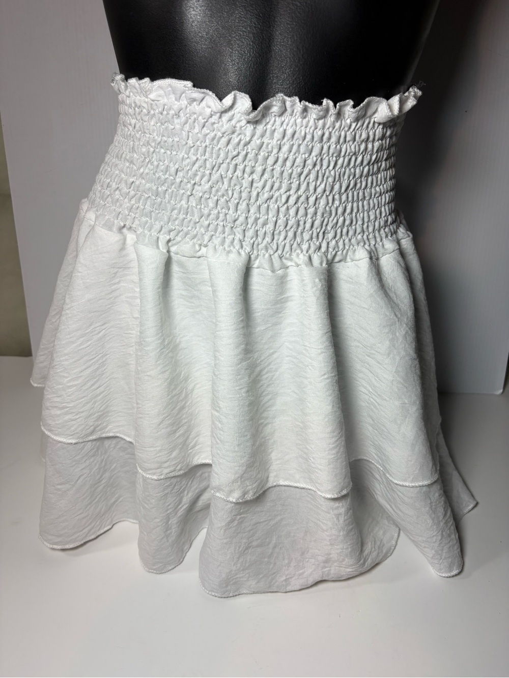 White Smocked Waist Tiered Mini Skirt